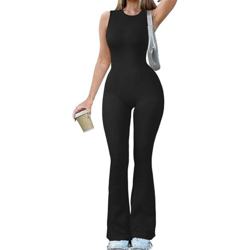 Yoga Jumpsuits Ribbed‎ Crew Neck Sleeveless Bell Bottoms Flare Jumpsuits